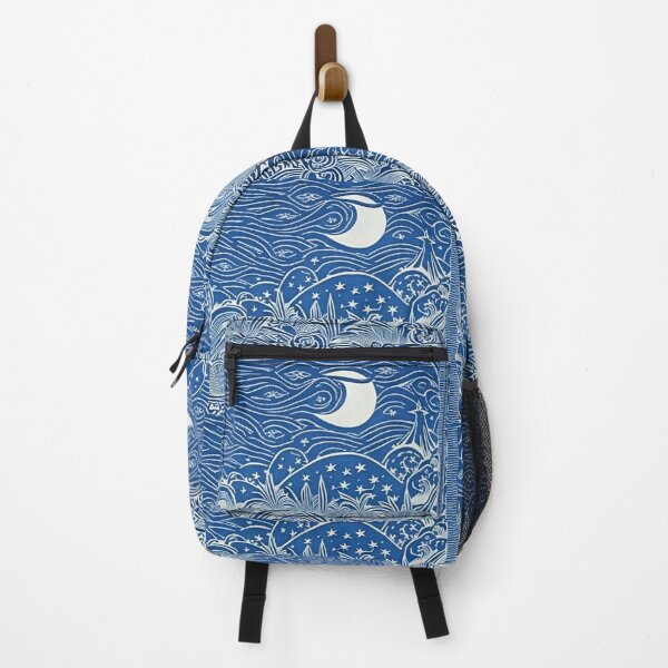 Item preview, Blue and white moon and stars linograph folk art designed and sold by Earth Nature Creations.