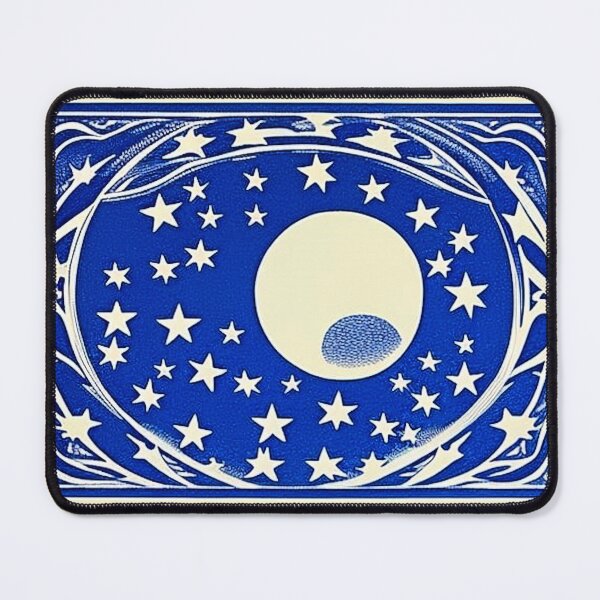 Item preview, Blue and white moon and stars linograph folk art designed and sold by Earth Nature Creations.