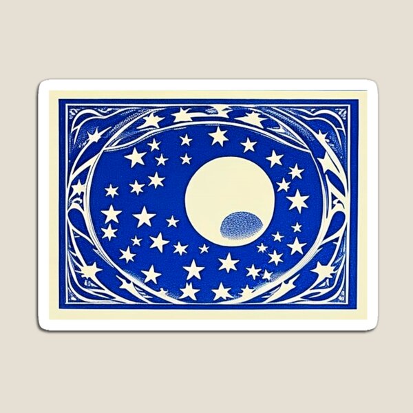 Item preview, Blue and white moon and stars linograph folk art designed and sold by Earth Nature Creations.