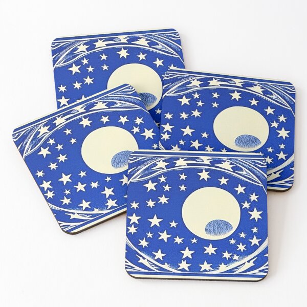 Item preview, Blue and white moon and stars linograph folk art designed and sold by Earth Nature Creations.
