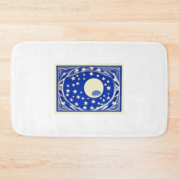 Item preview, Blue and white moon and stars linograph folk art designed and sold by Earth Nature Creations.