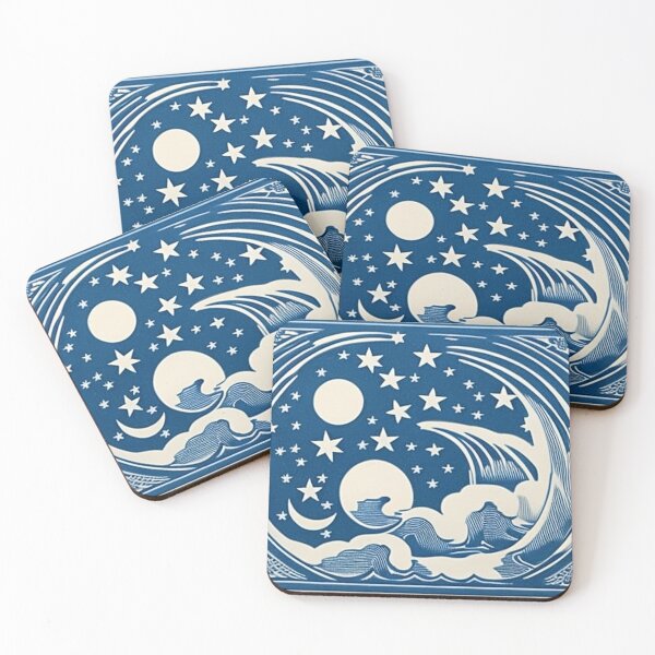 Item preview, Blue and white moon and stars linograph folk art designed and sold by Earth Nature Creations.