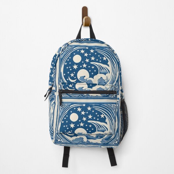 Item preview, Blue and white moon and stars linograph folk art designed and sold by Earth Nature Creations.