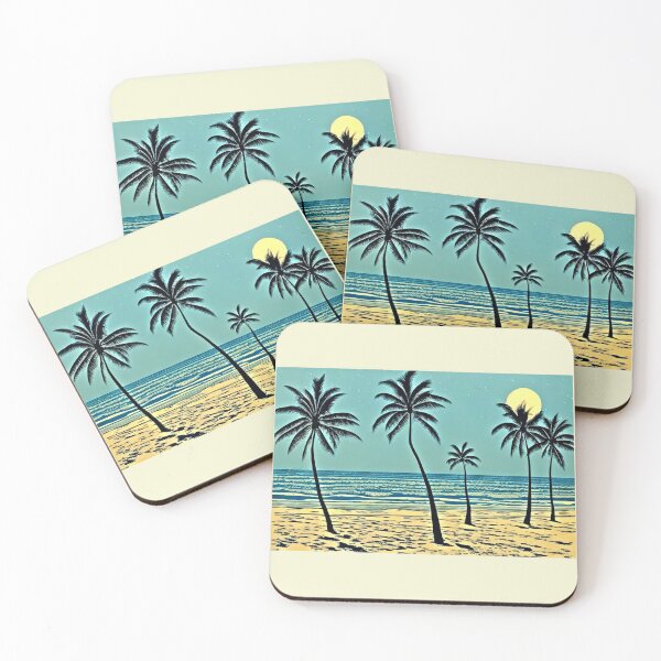 Item preview, Tropical Blue and white moon and palm tree linograph folk art designed and sold by Earth Nature Creations.