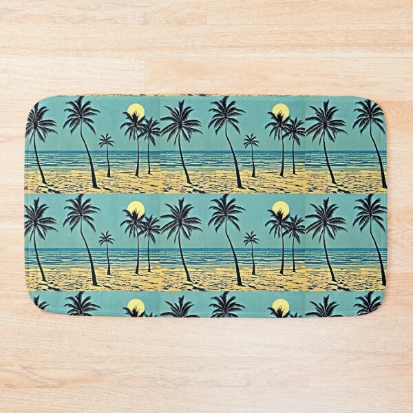 Item preview, Tropical Blue and white moon and palm tree linograph folk art designed and sold by Earth Nature Creations.