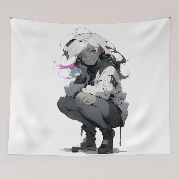 Item preview, Smiling Girl in Squatting Pose, Niji Style with White Hair designed and sold by Lordyami86.