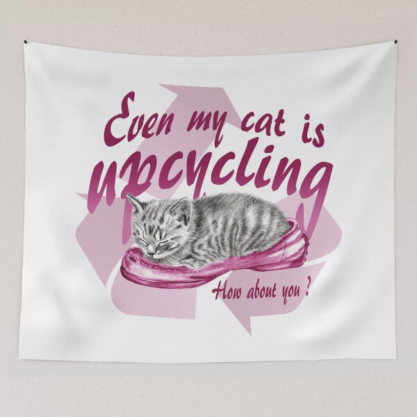 Item preview, Sleeping kitten in old shoe - graphite version, Upcycling text in pink colorized English designed and sold by SylvieG18.
