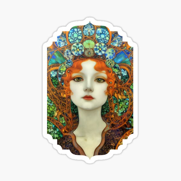Portrait of Beautiful Woman in Vintage Tiffany Stained Glass Style Sticker