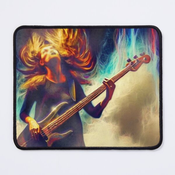 Item preview, Girl guitarist plays bass guitar lively and exciting in clouds of smoke  designed and sold by JaroDesign2023.