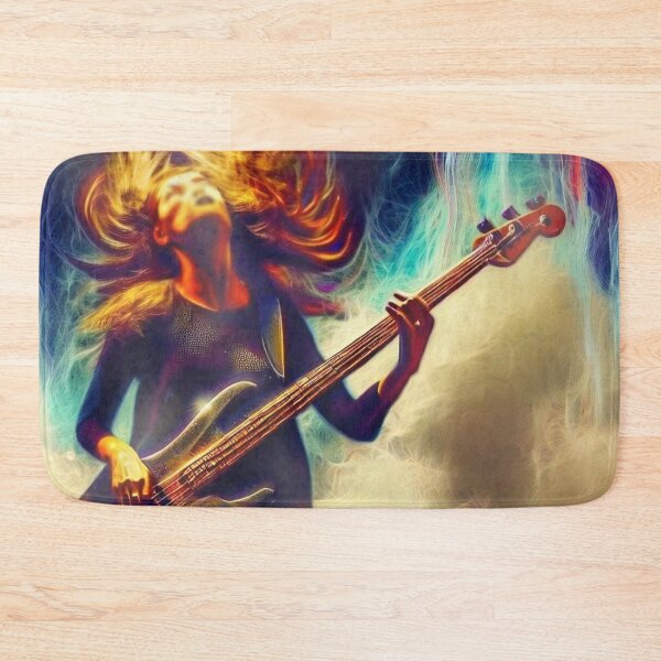 Item preview, Girl guitarist plays bass guitar lively and exciting in clouds of smoke  designed and sold by JaroDesign2023.