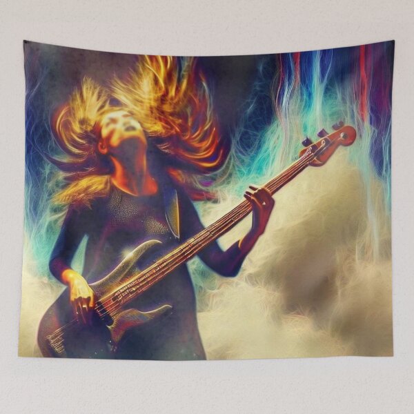 Item preview, Girl guitarist plays bass guitar lively and exciting in clouds of smoke  designed and sold by JaroDesign2023.