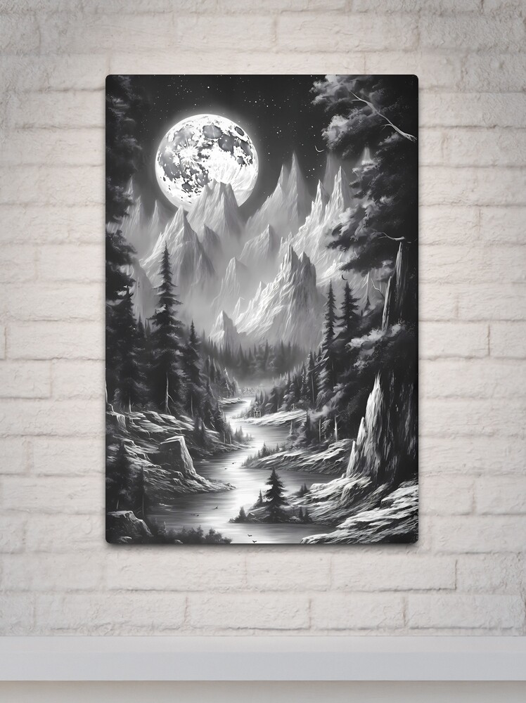 Black and White Print - Mountain Moon Scene - Large Framed Block Print Wall top Art Asheville NC