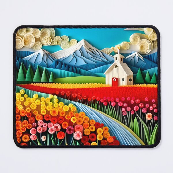 Item preview, Swirly Quilled Fantasy Field of Multicolor Flowers and Mountains  designed and sold by DreamyEscapism.