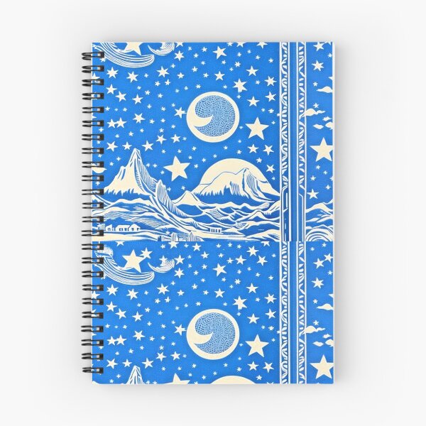 Item preview, Blue and white starry night scene linograph folk art designed and sold by Earth Nature Creations.