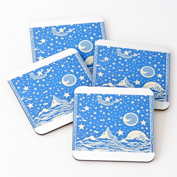 Item preview, Blue and white starry night scene linograph folk art designed and sold by Earth Nature Creations.