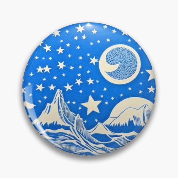 Item preview, Blue and white starry night scene linograph folk art designed and sold by Earth Nature Creations.
