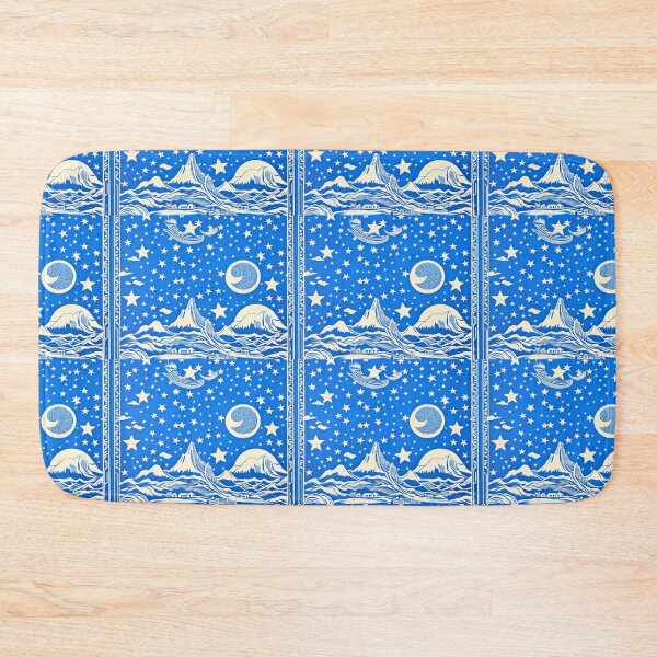 Item preview, Blue and white starry night scene linograph folk art designed and sold by Earth Nature Creations.