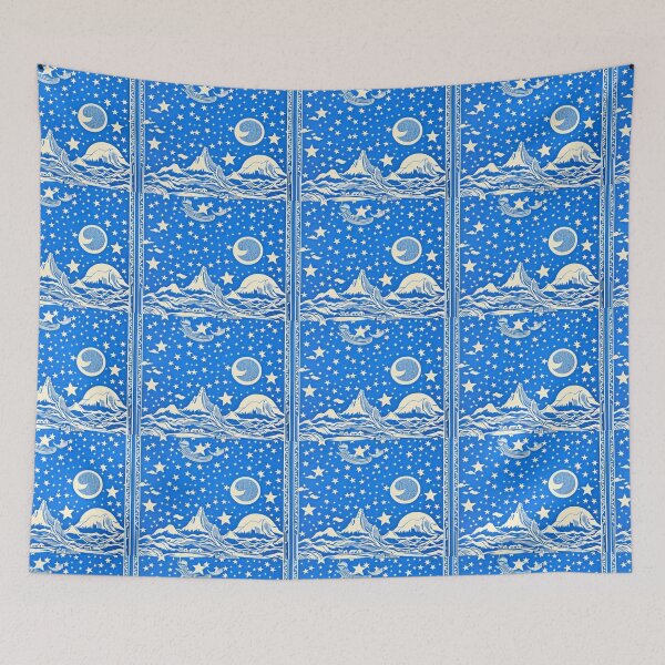 Item preview, Blue and white starry night scene linograph folk art designed and sold by Earth Nature Creations.