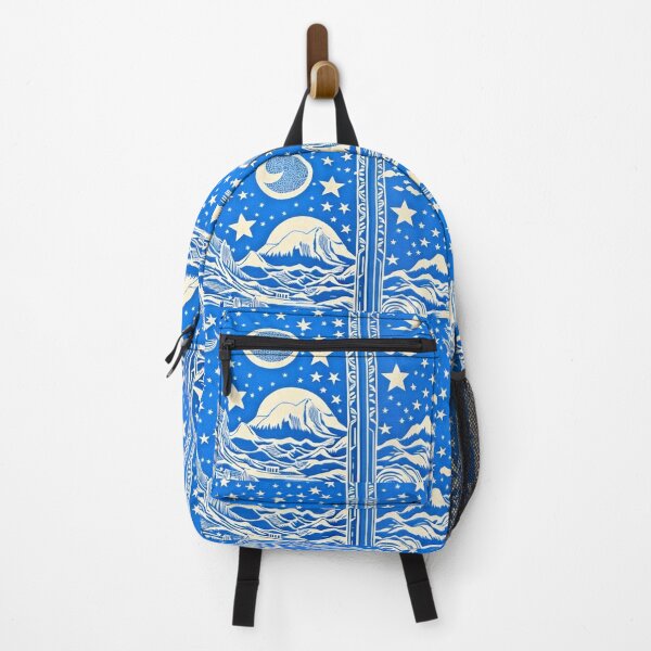 Item preview, Blue and white starry night scene linograph folk art designed and sold by Earth Nature Creations.