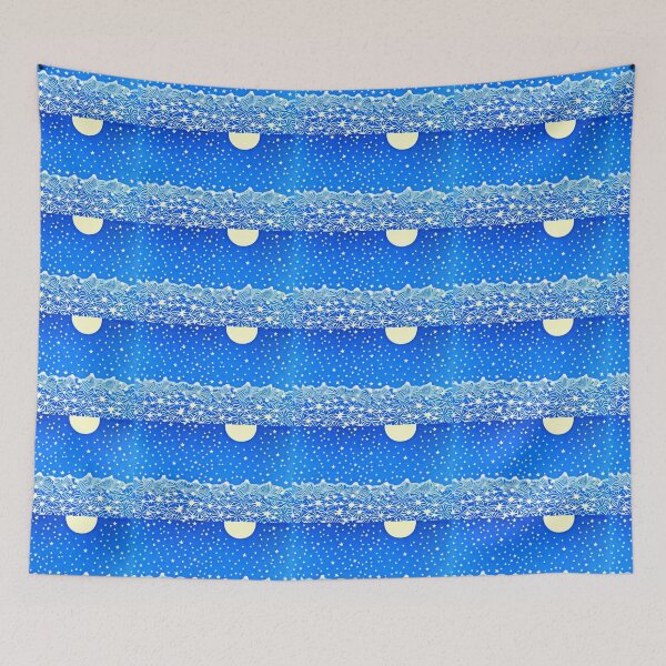 Item preview, Blue and white stars linograph folk art designed and sold by Earth Nature Creations.