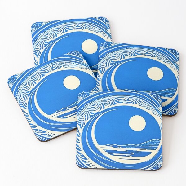 Item preview, Blue and white starry night scene linograph folk art designed and sold by Earth Nature Creations.