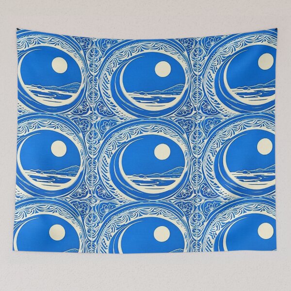 Item preview, Blue and white starry night scene linograph folk art designed and sold by Earth Nature Creations.