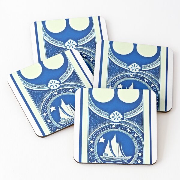 Item preview, Blue and white starry night nautical scene linograph folk art designed and sold by Earth Nature Creations.