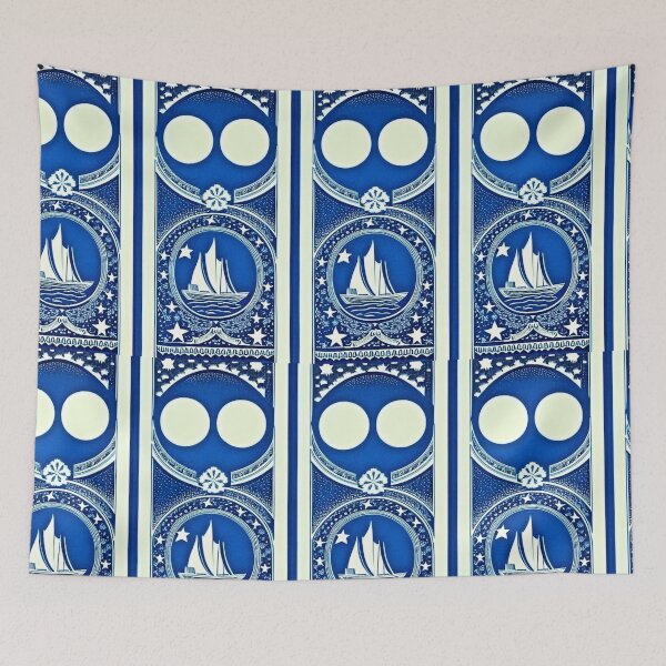 Item preview, Blue and white starry night nautical scene linograph folk art designed and sold by Earth Nature Creations.