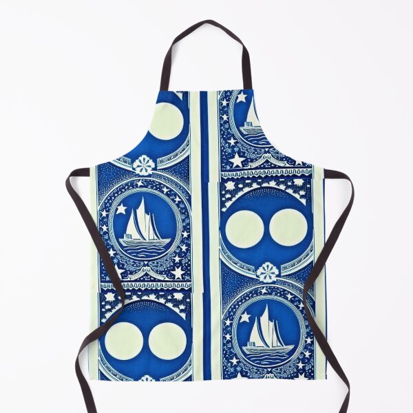 Item preview, Blue and white starry night nautical scene linograph folk art designed and sold by Earth Nature Creations.