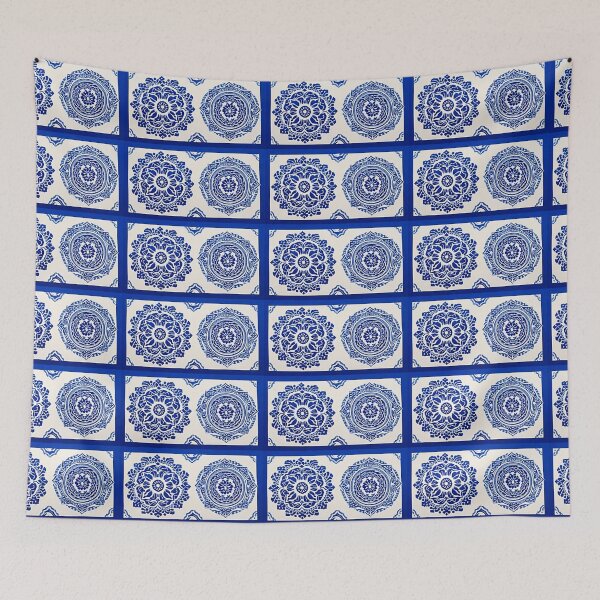 Item preview, Blue and white mandala swirl linograph folk art designed and sold by Earth Nature Creations.