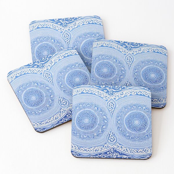 Item preview, Blue and white mandala swirl linograph folk art designed and sold by Earth Nature Creations.