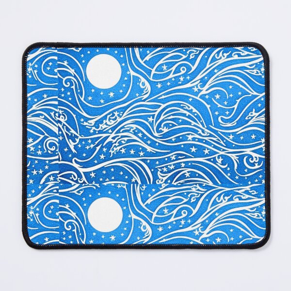 Item preview, Blue and white moon and stars linograph folk art designed and sold by Earth Nature Creations.