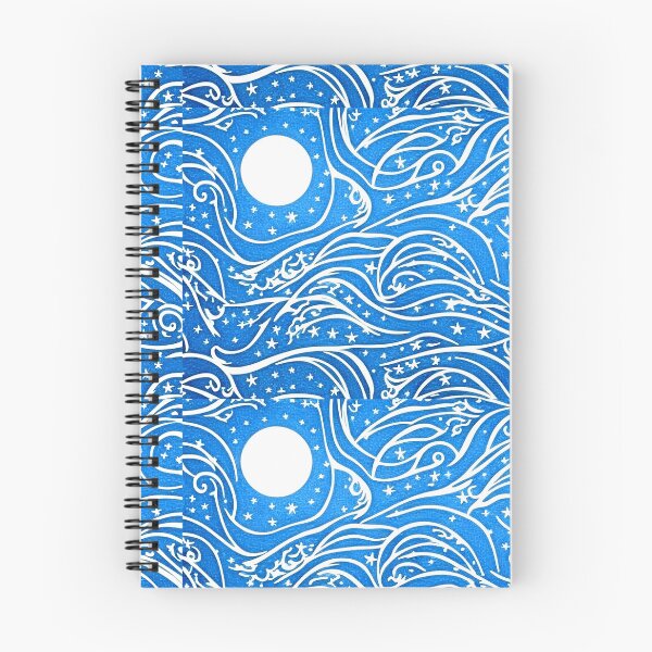 Item preview, Blue and white moon and stars linograph folk art designed and sold by Earth Nature Creations.