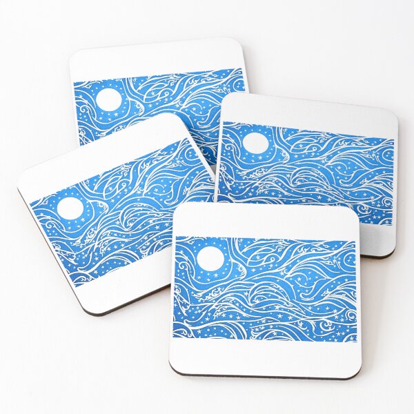 Item preview, Blue and white moon and stars linograph folk art designed and sold by Earth Nature Creations.
