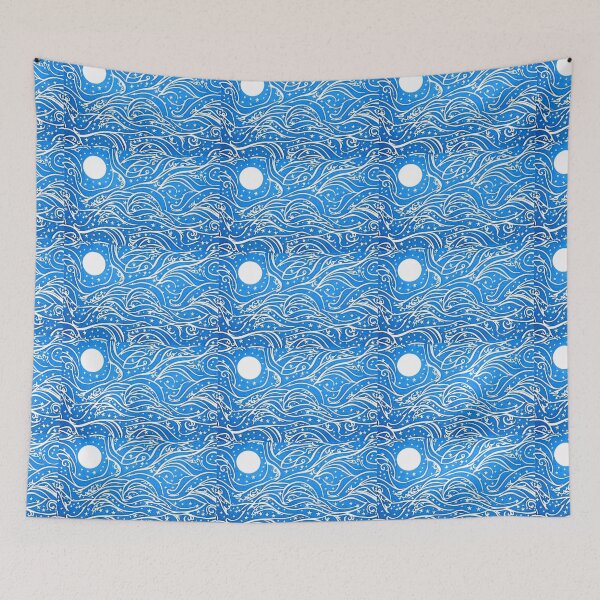 Item preview, Blue and white moon and stars linograph folk art designed and sold by Earth Nature Creations.