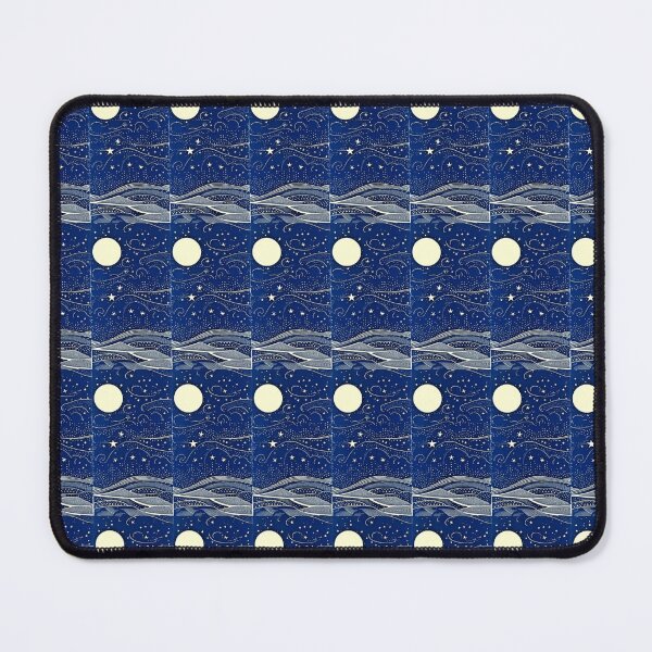 Item preview, Blue and white starry night hilly scene linograph folk art designed and sold by Earth Nature Creations.