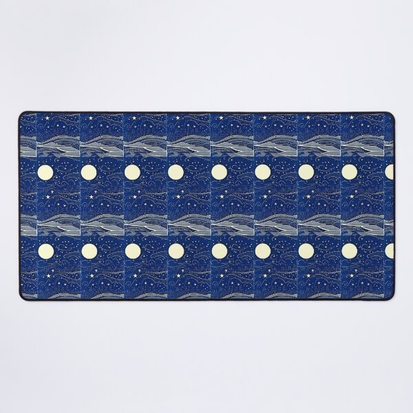 Item preview, Blue and white starry night hilly scene linograph folk art designed and sold by Earth Nature Creations.