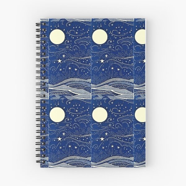 Item preview, Blue and white starry night hilly scene linograph folk art designed and sold by Earth Nature Creations.