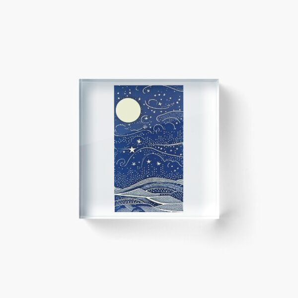 Item preview, Blue and white starry night hilly scene linograph folk art designed and sold by Earth Nature Creations.
