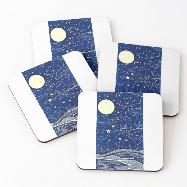 Item preview, Blue and white starry night hilly scene linograph folk art designed and sold by Earth Nature Creations.