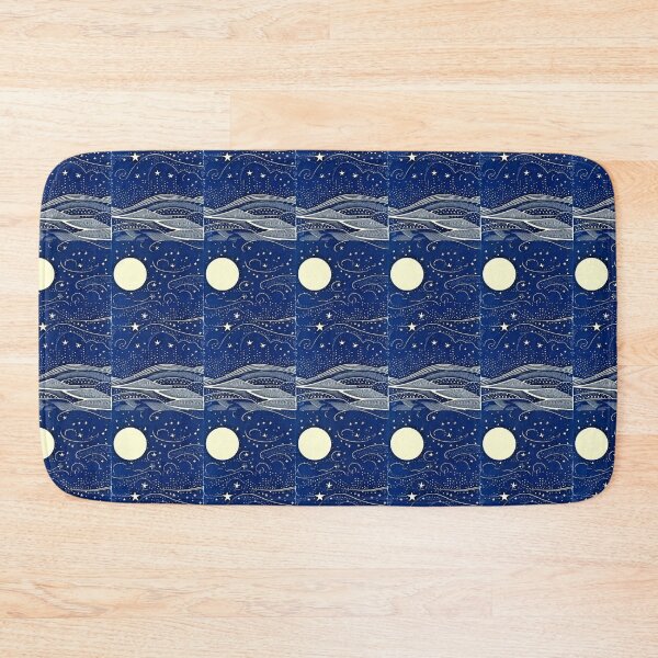 Item preview, Blue and white starry night hilly scene linograph folk art designed and sold by Earth Nature Creations.