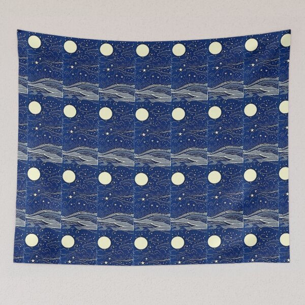 Item preview, Blue and white starry night hilly scene linograph folk art designed and sold by Earth Nature Creations.