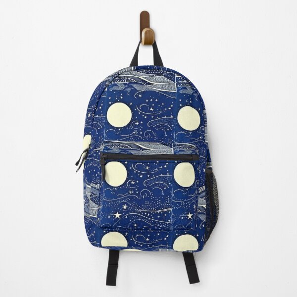 Item preview, Blue and white starry night hilly scene linograph folk art designed and sold by Earth Nature Creations.