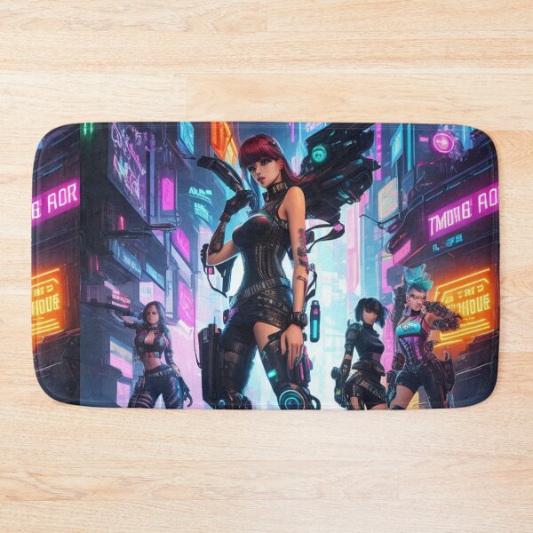 Item preview, Cyborg girls with guns in a cyberpunk neon city cool poster art designed and sold by Vintage Designs +.