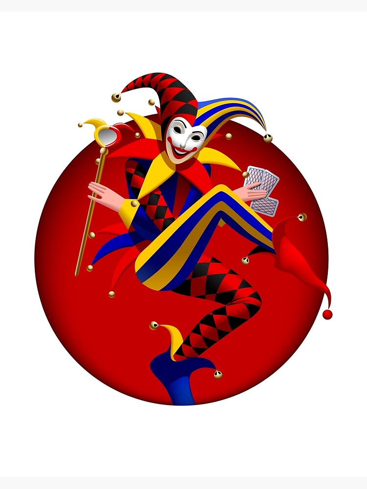 Impression Rigide Joker Avec Des Cartes A Jouer Et Un Miroir Dans Un Cadre Rond Rouge Fonce Par Maystra Redbubble