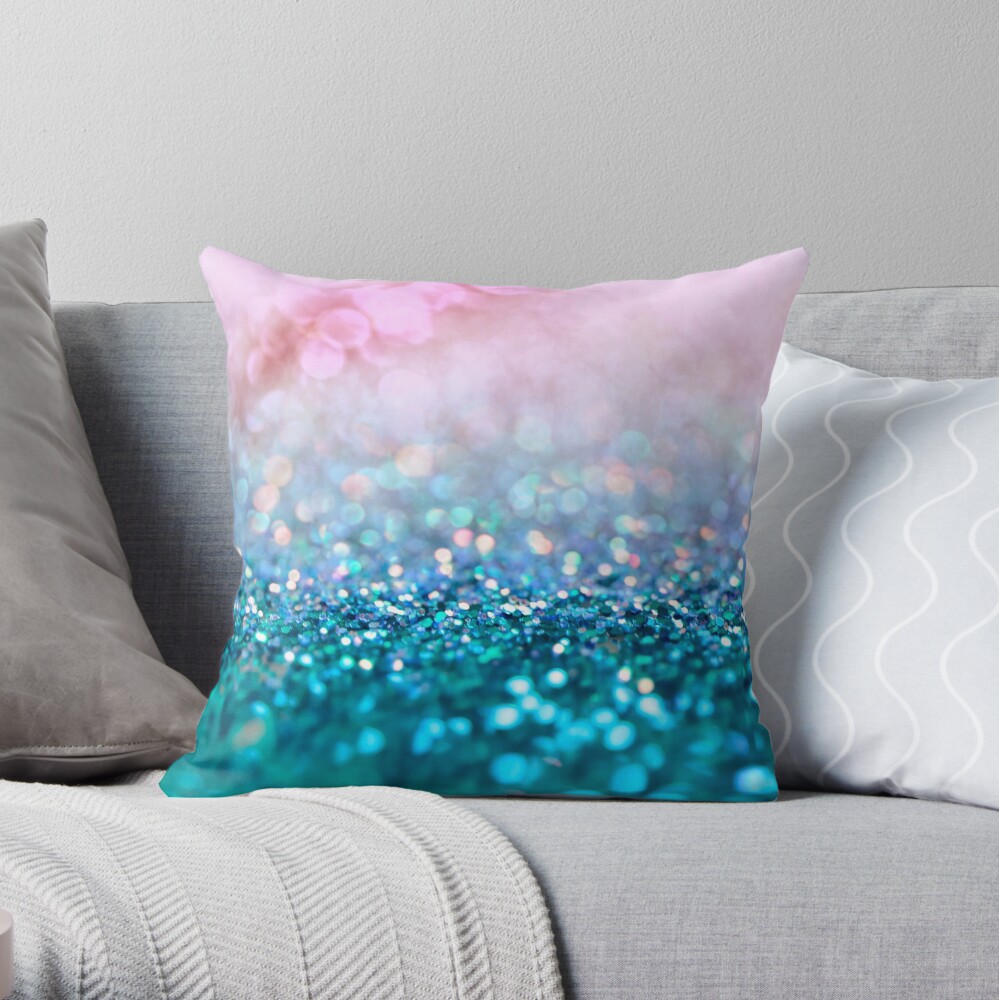 Mermaid Rose Gold and Teal Blush Glitter Throw Pillow