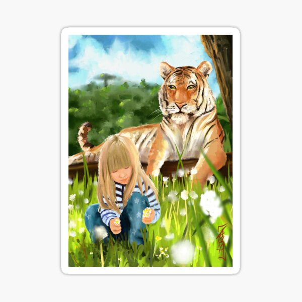 Kleines Mädchen mit Tiger im Paradies Sticker