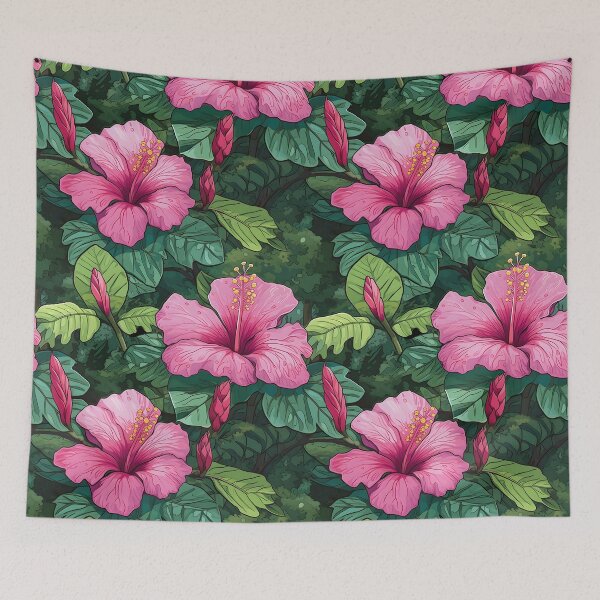 Item preview, Flower Pattern 2, pink hibiscus, green leaves, pattern. Verdant and lush. designed and sold by FoxRobinRabbit.