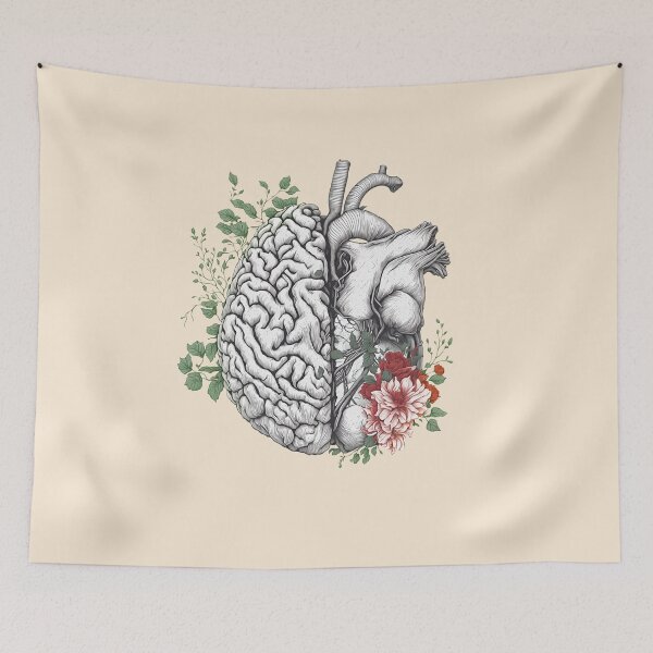 Item preview, half brain half heart, brain or heart and feeling, human heart and brain botanical style designed and sold by Collagedream.