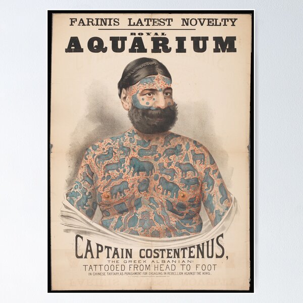 Item preview, Captain Costentenus, a man with many tattooes on his body. Colour lithograph. designed and sold by Varkeyart.